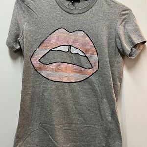 Markus Lupfer Gray Sequin Lip Tee with Pink Accents XS relaxed fit